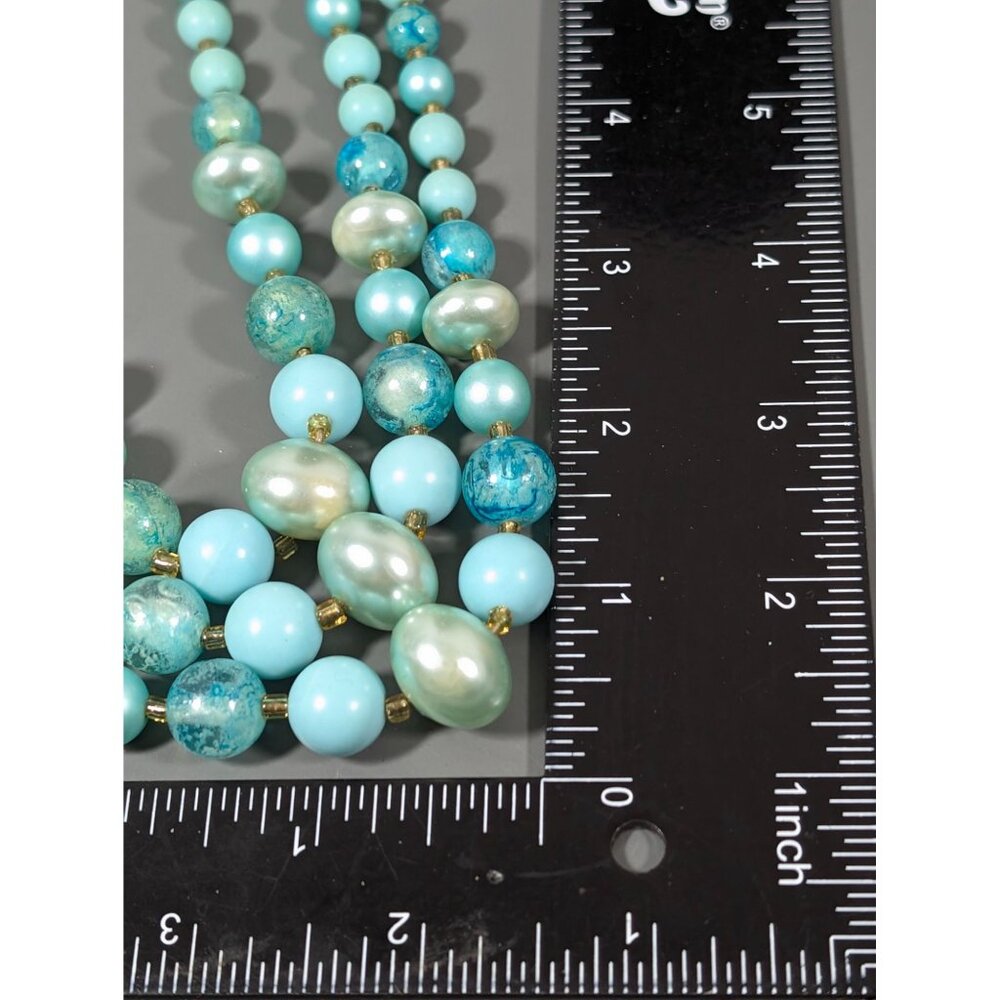 Vintage Japan Aqua Blue Pearlized Lucite Triple Strand Choker Necklace 17" - Picture 9 of 9